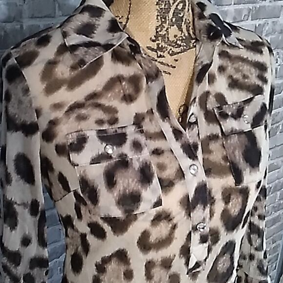 INC International Concepts sheer animal print button up blouse - Picture 9 of 14